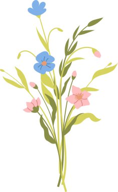 Bir buket kır çiçeği narin tomurcuklarla, açık yapraklarla ve düzgün botanik görünümlü kıvrımlı yapraklarla beslenir. Bahar çiçeklerinin, tazeliğin, romantizmin, doğa huzurunun sembolü. Çizgi film vektör illüstrasyonu.