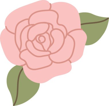 Katmanlı taç yapraklı gül çiçeği ve iki yaprak ve temiz bir çizgi. Aşk, romantizm, düğün ve güzellik sembolü. Selamlama, damgalama ve dekor için. Çizgi film vektör illüstrasyonu.