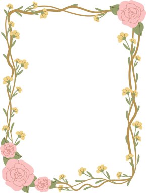 Gül ve çiçek açan sarmaşıkların köşeli çiçek çerçevesi geniş kopya alanı bırakıyor. Romantizm, kutlama, davetiye ve karşılama için zarafet sembolü. Çizgi film vektör illüstrasyonu.