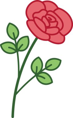 Katmanlı yaprakları ve oval yaprakları olan gül çiçeği, kalın hatları ve temiz şekilleri var. Sevgi, romantizm, güzellik ve kutlama sembolü. Çizgi film vektör illüstrasyonu.