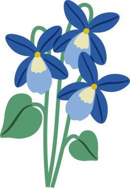 Üç çiçekli mor buket, kalp yaprakları ve uzun sapları kalın şekilli ve temiz çizgileri var. Baharın, saflığın, tazeliğin ve doğa güzelliğinin sembolü. Çizgi film vektör illüstrasyonu.