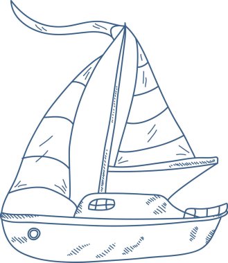 Çizgili yelkenli yelkenli ve deniz üzerinde süzülen kabin pencereli, gevşek yumurtadan çıkan ellerle çizilmiş. Özgürlük, seyahat ve la dolce vita marina cazibesini çağrıştırıyor. Çizgi film vektör illüstrasyonu.