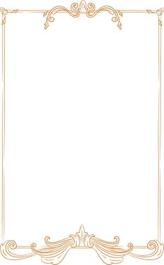 Dikdörtgen bir kenar, dekoratif köşeler, temiz bir çizgi oluşturan eski tarz süslemelerle süslü bir çerçeve. Zarafet, lüks ve davetiyenin sembolü. Çizgi film vektör illüstrasyonu.