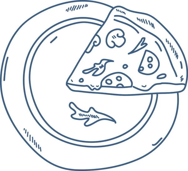 Tabakta peynirli, mantarlı, biberli ve fesleğenli pizza dilimi. İtalyan mutfağının, konforlu gıdanın, öğle yemeğinin ve kıyı yaşam tarzının sembolü. Çizgi film vektör illüstrasyonu.