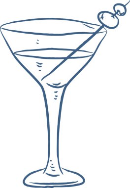 Elle çizilmiş bir kokteyl kazmasında sıvı ve zeytinli martini bardağı. Kutlama, gece hayatı ve lüks içinde içki ve garnitür olan bir sembol. Çizgi film vektör illüstrasyonu.