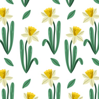 Nergis çiçeği uzun yaprakla beyazın üzerinde kusursuz bir çiçek deseni olarak tekrar eder. Baharın sembolü, yenilenme ve kumaş, ambalaj ve duvar kağıdı tazeliği. Çizgi film vektör illüstrasyonu.