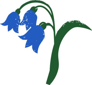 BlueBell çiçekleri geniş bir yaprak ve sıkıntılı bir dokuya sahip kavisli bir saptan sarkıyor. Sakinliğin, yenilenmenin, bahar çiçeklenmesinin ve şefkatin sembolü. Çizgi film vektör illüstrasyonu.