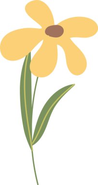 Beş yuvarlak taç yapraklı, oval merkezli ve ince saplı, temiz çizgi film tarzında uzun yapraklı bir çiçek. Bahar temaları için büyüme, doğa, çiçek ve iyimserliğin sembolü. Çizgi film vektör illüstrasyonu.