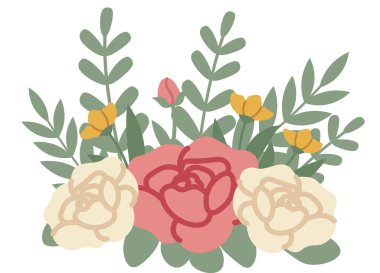 Gül kümeli buket, ranunculus, tomurcuklar ve düz yapraklı dallar. Romantizmin, düğünün, bahar çiçeklenmesinin ve selamlama ve damgalamanın doğal güzelliğinin sembolü. Çizgi film vektör illüstrasyonu.