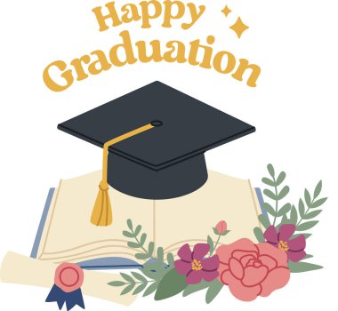 Püsseli, çiçekli çelenkli, kurdele rozetli ve kutlama harfli mezuniyet şapkası. Başarı sembolü, dönüm noktası, seremoni ve parti için akademik gurur. Çizgi film vektör illüstrasyonu.