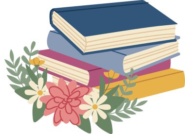 Kapalı ciltlerle kaplı kitap yığını çiçek açan ve temiz çizgi film tarzında yapraklarla çevrili. Bilginin, çalışmanın, edebiyatın, botanikle büyümenin sembolü. Çizgi film vektör illüstrasyonu.