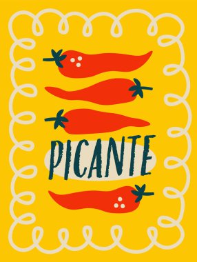 Çerçevelenmiş retro posterine el yazısı çizilmiş kırmızı biber dörtlüsü, kalın şekiller ve tahıl dokusu. Baharatlı, İtalyan Dolce Vita havası, mutfak yeteneği, gurme tutkusu. Çizgi film vektör illüstrasyonu.