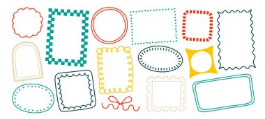 Çeşitli garip şekillerde çerçeveler ve çizilmiş çizgiler, kesik, dalgalı ve boş arkaplanda istiridyeli kenarlar. Vurgu, vurgu, etiketleme ve albüm kavramı. Çizgi film vektör illüstrasyonu.