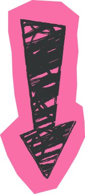 Kaba karalama dokusu ve grunge el çizimi bakışlarıyla aşağıya bakan ok. Yön, azalt, yükle ve işaret ve yönlendirme için odaklan. Çizgi film vektör illüstrasyonu.