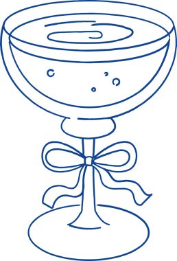 Kabarcık ve kurdeleli şampanya bardağı sapı temiz bir şekilde çizilmiş. Kutlama, tost, parti, lüks ve şenlik havasının sembolü. Çizgi film vektör illüstrasyonu.