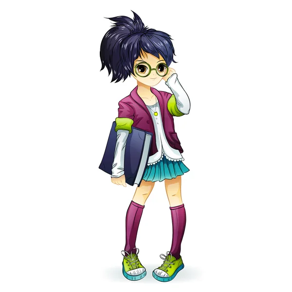 Anime girl avec un livre sur fond blanc, écolière, illustration vectorielle — Image vectorielle