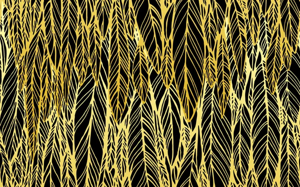 Modello senza cuciture di piume d'oro nero, foglie, illusione ottica, illustrazione vettoriale — Vettoriale Stock