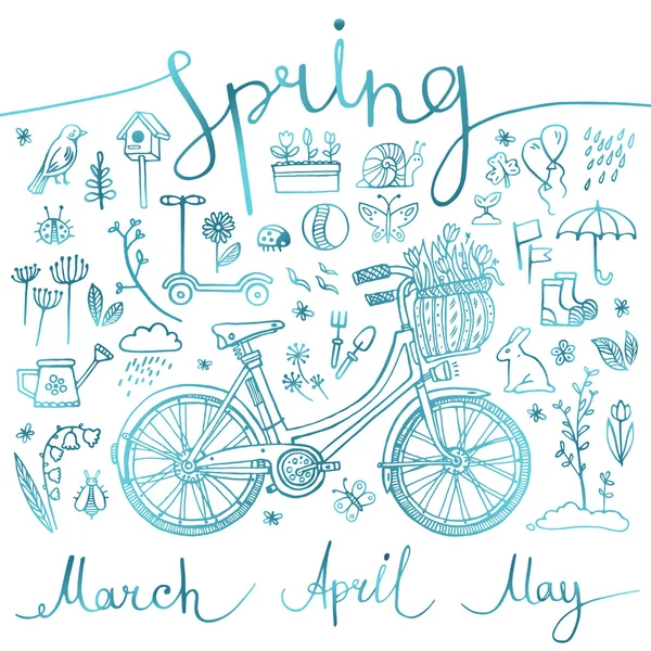 Весна, набір синіх іконок і символів з велосипедом, написом, Векторні ілюстрації — стоковий вектор
