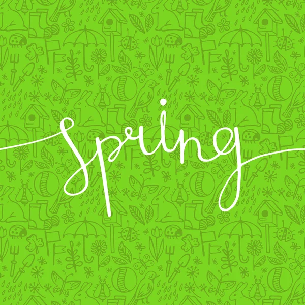 White lettering on a green spring seamless pattern of the symbols. Vector illustration — Stock Vector