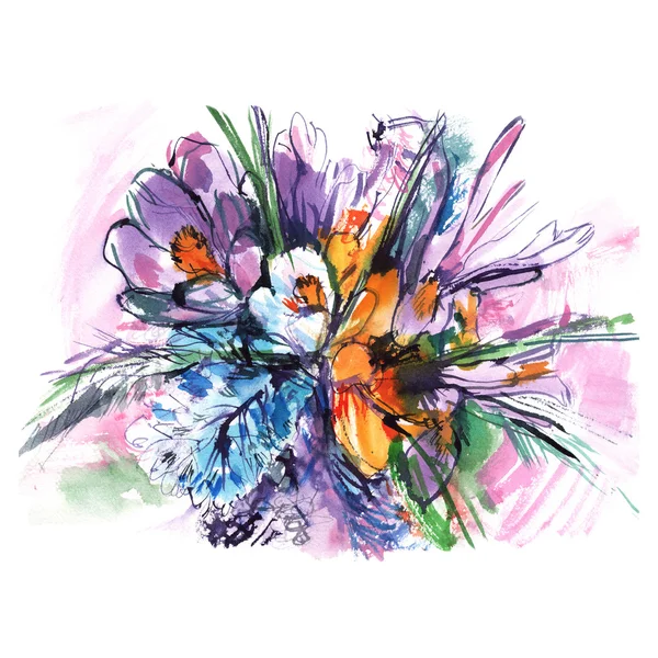 Renkli suluboya buket çiçek, mor pembe ve beyaz irises, yeşil sürgünler, pitoresk arka plan — Stok fotoğraf