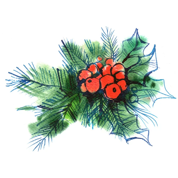 Árbol de Navidad, ilex, ramita verde de acebo con bayas rojas sobre un fondo blanco / abeto, boceto de acuarela — Foto de Stock