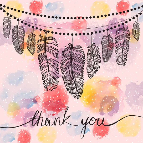 Dankeskarte mit Federn auf rosa Hintergrund, Aquarellflecken. Vektorillustration — Stockvektor
