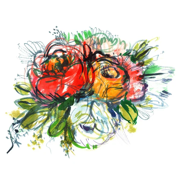 Букет з різнокольорових троянд на білому тлі, бутоньєрка, акварельний живопис — стокове фото
