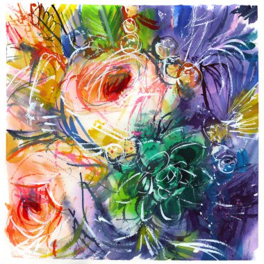 iki pembe gül buketi, sulu, mor çiçekler, suluboya boyama