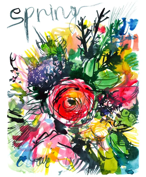 Abstrakter bunter Strauß mit roter Rose in der Mitte, Schriftzug Frühling, Plakat, Aquarellmalerei — Stockfoto