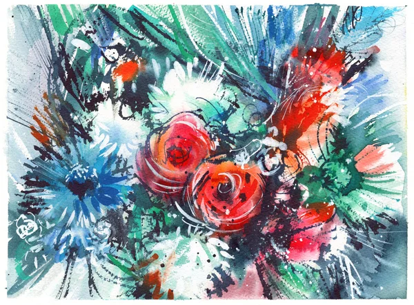 bouquet with cornflower and two red roses, card with flowers, watercolor painting