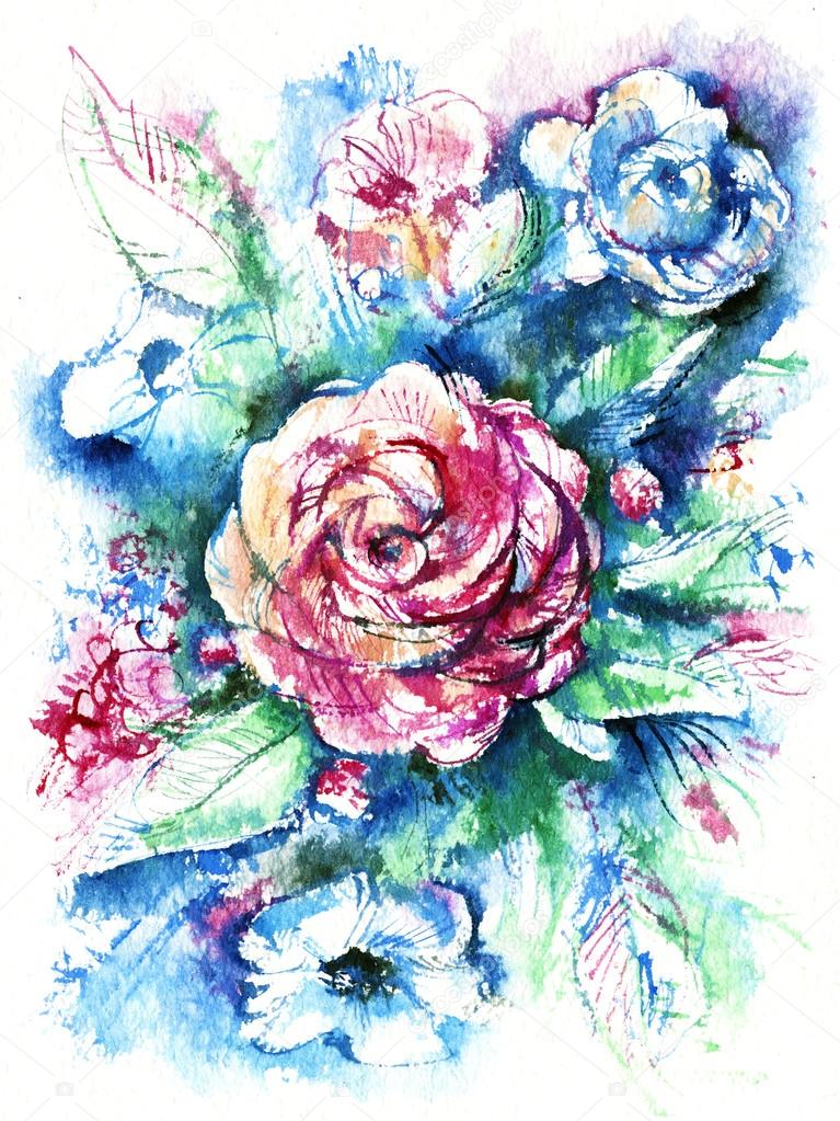 watercolor sketch of a bouquet of flowers with a pink rose in the center