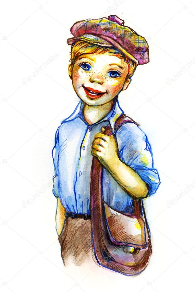 One Happy Schoolboy In A Cap With A Bag White Background Retro Style Pencil Drawing Stock Photo Image By C Savelieva Arisha Ya Ru