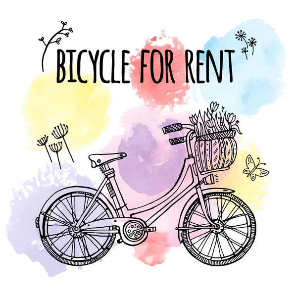 Fahrrad zu mieten. Banner mit Slogan auf buntem Aquarell-Hintergrund. Vektorillustration — Stockvektor