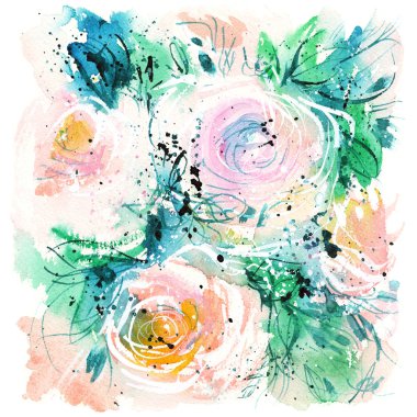 buket üç pembe güller, suluboya resim, kroki