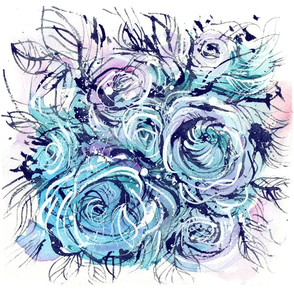 Buquê de rosas azuis com o contorno, buttercup, pintura aquarela — Fotografia de Stock