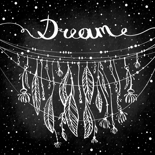 Dreamcatcher, dream, lettering and decoration of white feathers on a black background. Ethnic, hippie, boho style. Vector illustration — Stock Vector