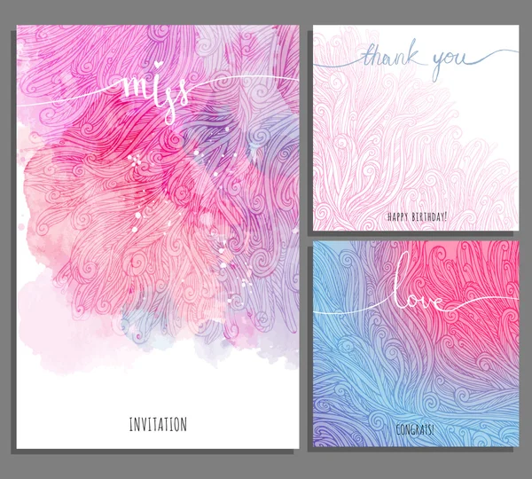 Set créatif rose bleu cartes universelles. Fond d'art avec boucles, taches d'aquarelle. Amour, Anniversaire, Anniversaire, Fête des valentins, Fête, Merci, Félicitations . — Image vectorielle