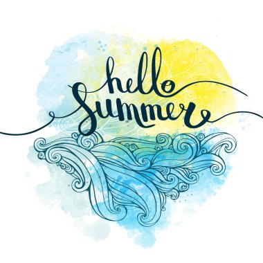 resimde Merhaba yaz ile yazı, üzerinde mavi sarı suluboya arka plan dalgalar. Vektör öğeleri tasarımınız için