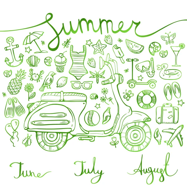 Lato, zestaw zielony ikony i symbole z motocyklem, napis, ilustracji wektorowych — Wektor stockowy