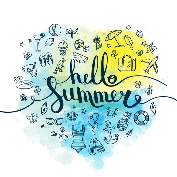 Schriftzug hallo Sommer mit einer Reihe von Symbolen auf blaugelbem Aquarellhintergrund. Vektorelemente für Ihr Design, T-Shirts — Stockvektor