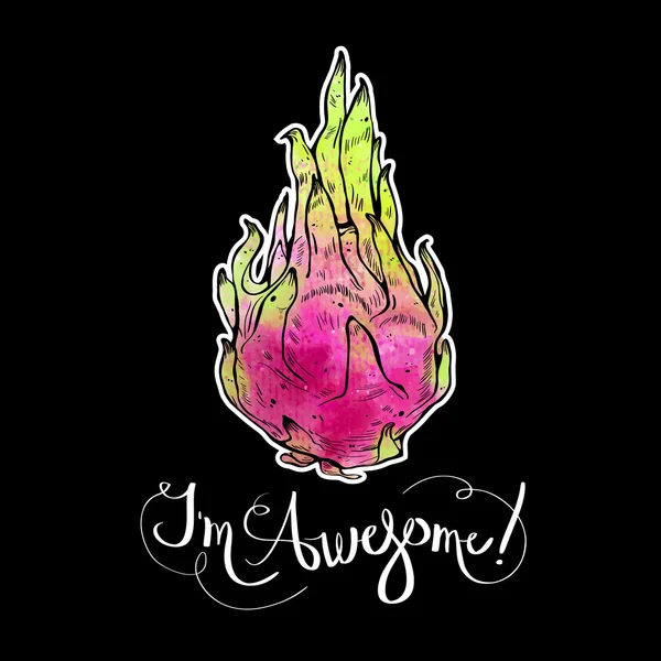 Im awesome inscriptie met Dragon Fruit op witte achtergrond, aquarel vlekken. Afdrukken op t-shirt, grafisch element voor uw ontwerp. Vectorillustratie. — Stockvector