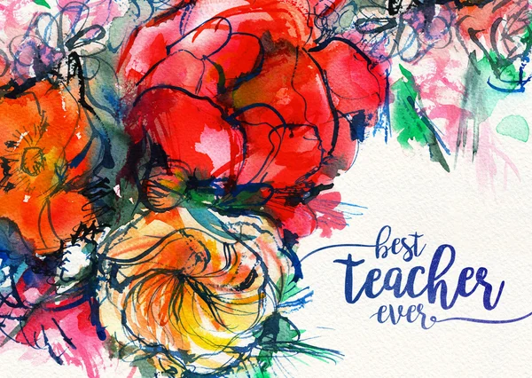 Karte besten Lehrer aller Zeiten mit einem Blumenstrauß, Aquarell. Banner, Plakat — Stockfoto