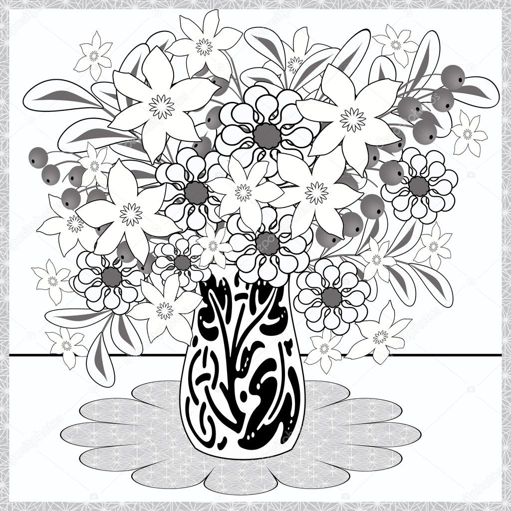 Disegni da colorare Fiori decorativi elementi decorativi pagina nel vaso illustration e bianco — Foto di Brusnika9