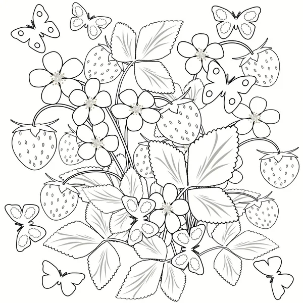 coloring page  flowers, mushrooms and strawberry in the  illustration.black and white.