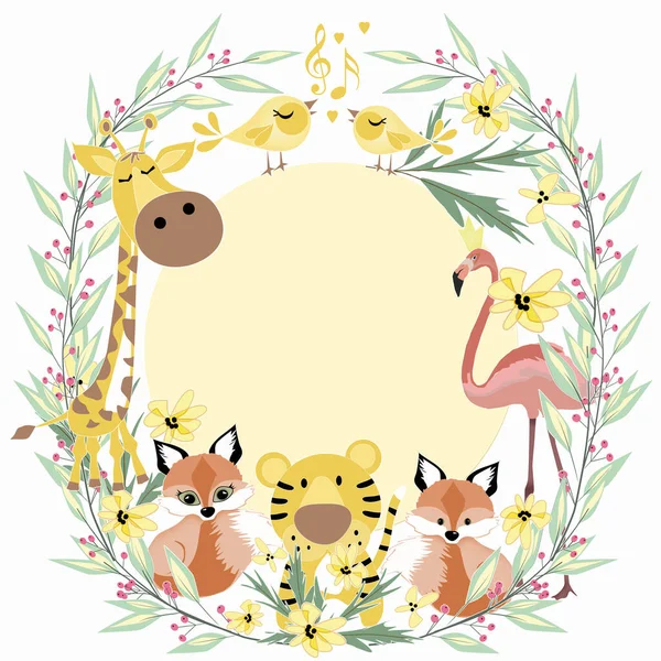 Cute Animals Giraffe Tiger Cub Fox Flamingo Birds Background Flower Stock Picture