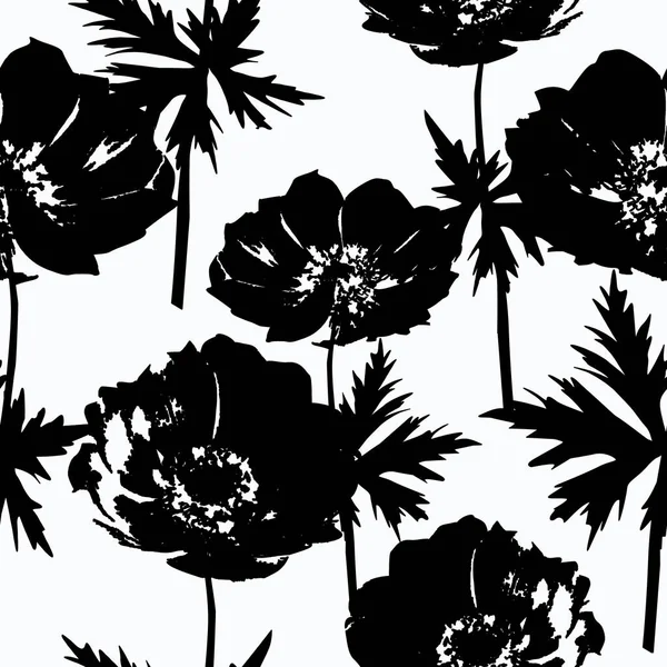 Seamless floral black and white floral pattern. Black anemones on a white background.