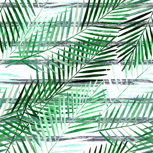 Seamless tropical pattern. Green palm leaves on a white striped background.