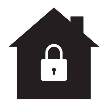 Beyaz arka planda ev güvenliği ikonu. Kilitli ev işareti. Ev güvenliği sembolü. Güvenlik kilidi işareti olan bir ev. düz biçim.