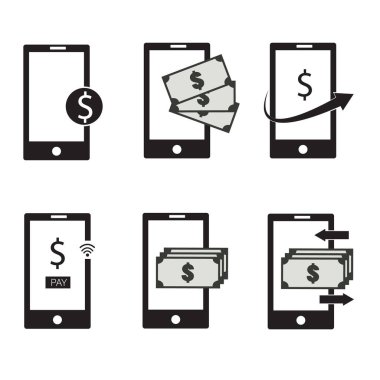 Beyaz arka planda cep telefonu para simgesi ayarlandı. Akıllı telefon ve dolar işareti. Finansal, cep telefonu ödemeleri ve para transferi sembolleri. düz biçim.