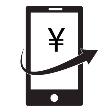Beyaz arka planda cep telefonu para simgesi. Japon Yen işareti ve cep telefonundan ok aktarımı. Finansal ve akıllı telefon ödeme sembolü. Çin Yuan işaretli cep telefonu..